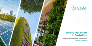 Professional collage featuring solar panels and bioclimatic architecture with vertical gardens, illustrating the transformations and trends in luxury real estate in Costa Rica