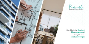 Real estate project management concept showing modern building architecture and planning tools in Costa Rica.